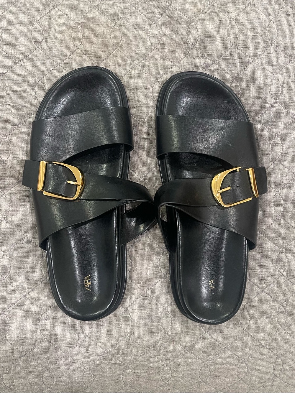 Zara Black Leather Slide Sandals with Gold Buckles